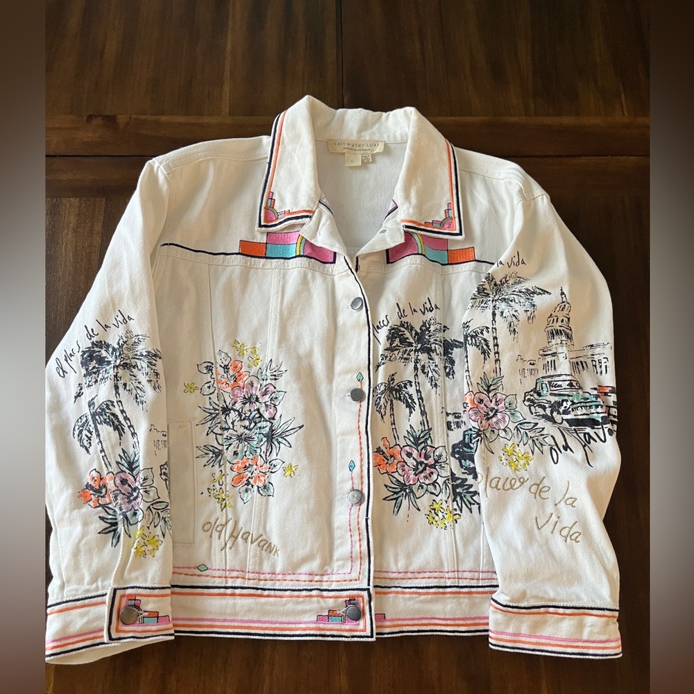 “La Vida” embroidered white jean jacket tropical boho art